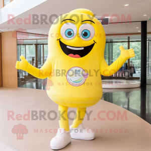 Lemon Yellow Donut mascot costume character dressed with a Polo Shirt and Shoe laces