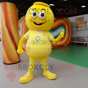 Lemon Yellow Donut mascot costume character dressed with a Polo Shirt and Shoe laces