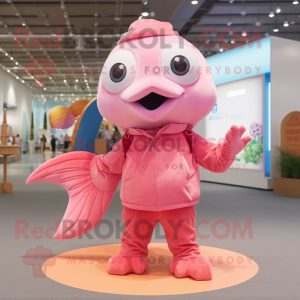 Pink Goldfish mascot costume character dressed with a Henley Tee and Foot pads