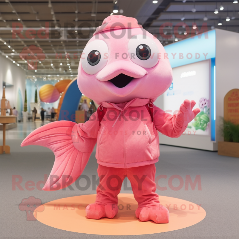 Pink Goldfish mascot costume character dressed with a Henley Tee and Foot pads Pink Goldfish mascot costume character dressed with a Henley Tee and Foot pads