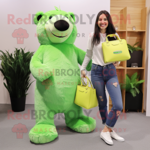 Lime Green Sloth Bear mascot costume character dressed with a Mom Jeans and Wallets