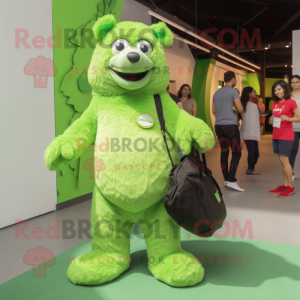 Lime Green Sloth Bear mascot costume character dressed with a Mom Jeans and Wallets