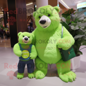 Lime Green Sloth Bear mascot costume character dressed with a Mom Jeans and Wallets