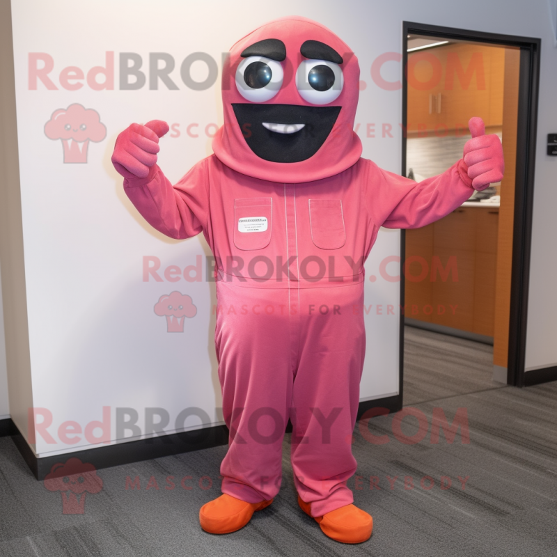 Rust Pink mascot costume character dressed with a Jumpsuit and Gloves Rust Pink mascot costume character dressed with a Jumpsuit and Gloves