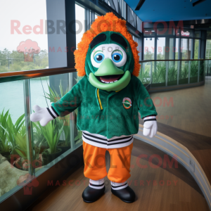 Forest Green Clown Fish mascot costume character dressed with a Hoodie and Headbands