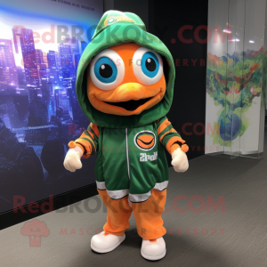 Forest Green Clown Fish mascot costume character dressed with a Hoodie and Headbands