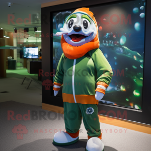 Forest Green Clown Fish mascot costume character dressed with a Hoodie and Headbands