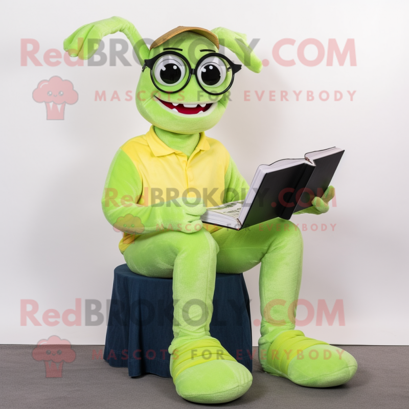 Lime Green Shrimp Scampi mascot costume character dressed with a Jeans and Reading glasses Lime Green Shrimp Scampi mascot costume character dressed with a Jeans and Reading glasses