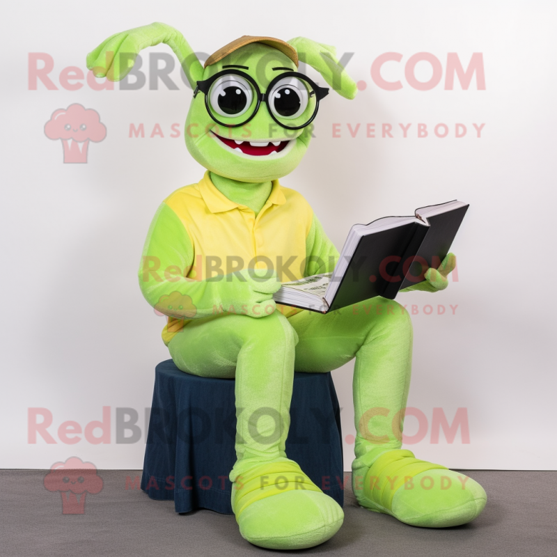 Lime Green Shrimp Scampi mascot costume character dressed with a Jeans and Reading glasses