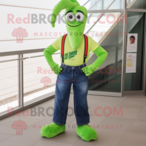 Lime Green Shrimp Scampi mascot costume character dressed with a Jeans and Reading glasses