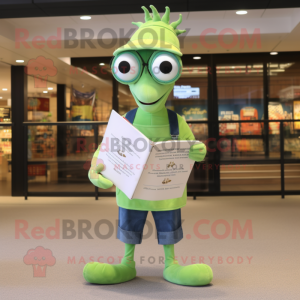 Lime Green Shrimp Scampi mascot costume character dressed with a Jeans and Reading glasses