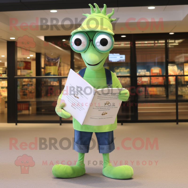 Lime Green Shrimp Scampi mascot costume character dressed with a Jeans and Reading glasses Lime Green Shrimp Scampi mascot costume character dressed with a Jeans and Reading glasses