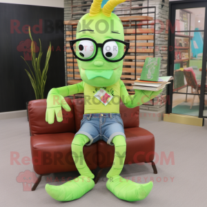 Lime Green Shrimp Scampi mascot costume character dressed with a Jeans and Reading glasses