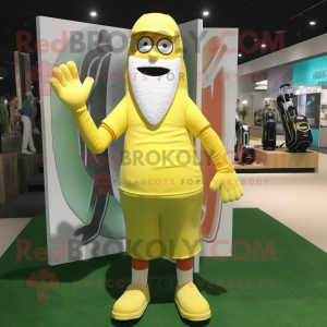 Lemon Yellow Golf Bag mascot costume character dressed with a Board Shorts and Beanies