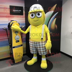 Lemon Yellow Golf Bag mascot costume character dressed with a Board Shorts and Beanies