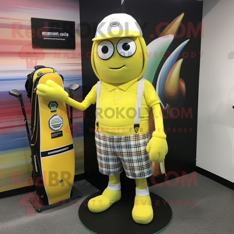 Lemon Yellow Golf Bag mascot costume character dressed with a Board Shorts and Beanies Lemon Yellow Golf Bag mascot costume character dressed with a Board Shorts and Beanies