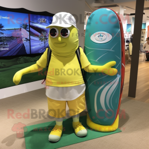 Lemon Yellow Golf Bag mascot costume character dressed with a Board Shorts and Beanies