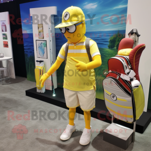 Lemon Yellow Golf Bag mascot costume character dressed with a Board Shorts and Beanies