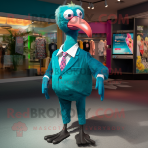 Teal Flamingo mascot costume character dressed with a Button-Up Shirt and Tie pins