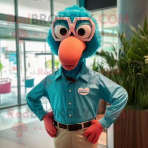 Teal Flamingo mascot costume character dressed with a Button-Up Shirt and Tie pins