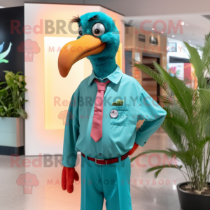 Teal Flamingo mascot costume character dressed with a Button-Up Shirt and Tie pins