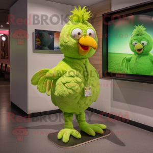 Lime Green Chicken mascot costume character dressed with a Corduroy Pants and Earrings