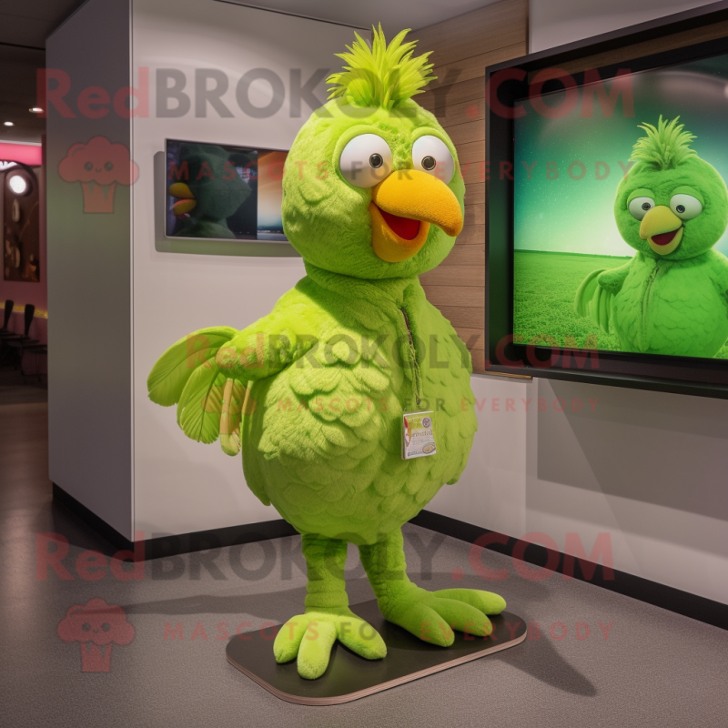 Lime Green Chicken mascot costume character dressed with a Corduroy Pants and Earrings