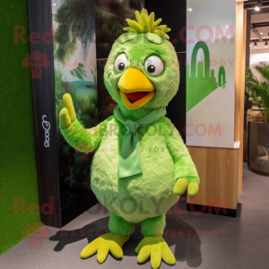 Lime Green Chicken mascot costume character dressed with a Corduroy Pants and Earrings