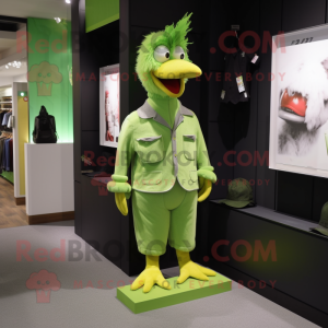 Lime Green Chicken mascot costume character dressed with a Corduroy Pants and Earrings