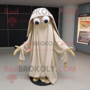 Beige Squid mascot costume character dressed with a Long Sleeve Tee and Shawl pins