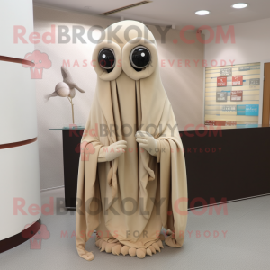 Beige Squid mascot costume character dressed with a Long Sleeve Tee and Shawl pins