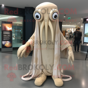 Beige Squid mascot costume character dressed with a Long Sleeve Tee and Shawl pins