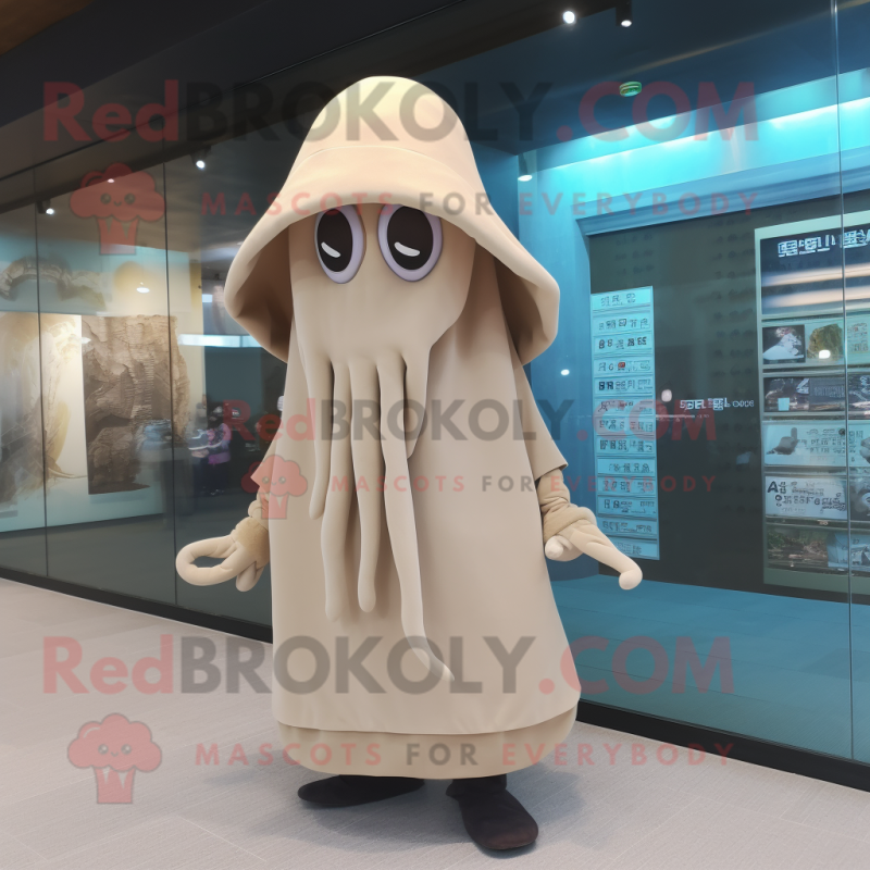 Beige Squid mascot costume character dressed with a Long Sleeve Tee and Shawl pins Beige Squid mascot costume character dressed with a Long Sleeve Tee and Shawl pins