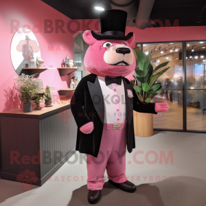 Pink Bison mascot costume character dressed with a Tuxedo and Hats
