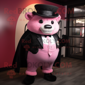 Pink Bison mascot costume character dressed with a Tuxedo and Hats