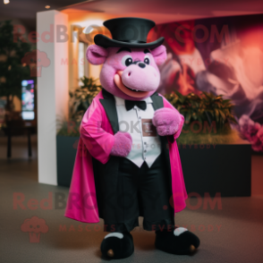 Pink Bison mascot costume character dressed with a Tuxedo and Hats