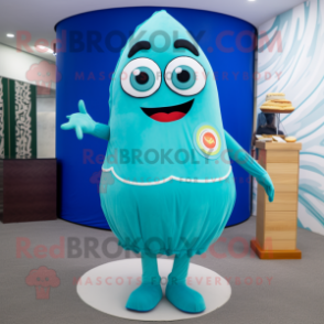 Cyan Pizza Slice mascot costume character dressed with a Shift Dress and Rings