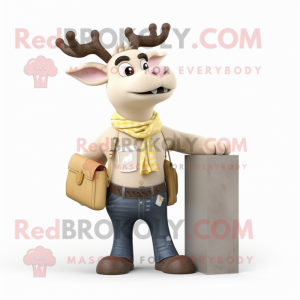 Cream Deer mascot costume character dressed with a Bootcut Jeans and Messenger bags