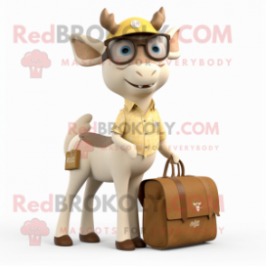 Cream Deer mascot costume character dressed with a Bootcut Jeans and Messenger bags