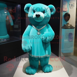 Cyan Bear mascot costume character dressed with a Sheath Dress and Earrings