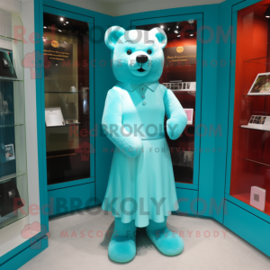 Cyan Bear mascot costume character dressed with a Sheath Dress and Earrings