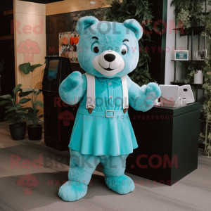 Cyan Bear mascot costume character dressed with a Sheath Dress and Earrings