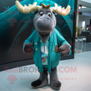 Teal Irish Elk mascot costume character dressed with a Playsuit and Scarves