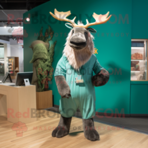 Teal Irish Elk mascot costume character dressed with a Playsuit and Scarves