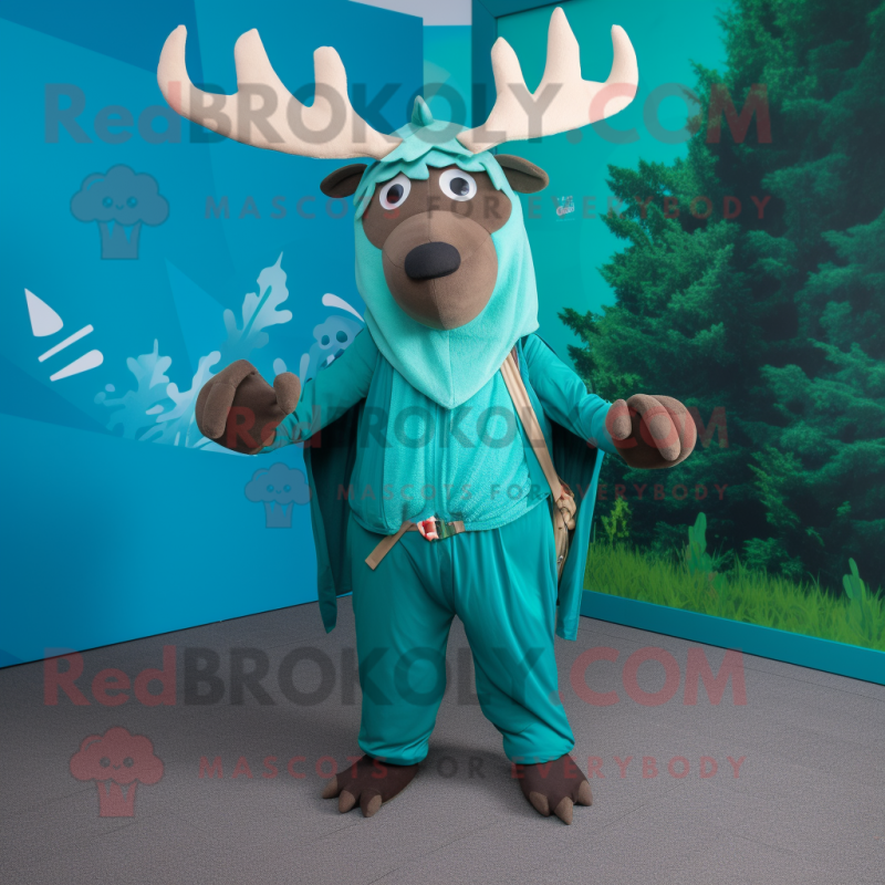 Teal Irish Elk mascot costume character dressed with a Playsuit and Scarves