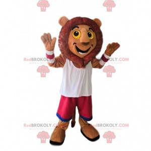 Mascota león muy feliz con pantalones cortos fucsia -