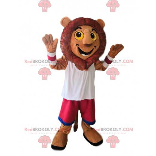 Mascotte leone molto felice con pantaloncini fucsia -