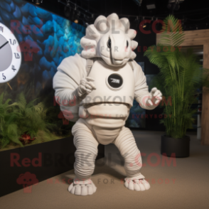 White Trilobite mascot costume character dressed with a Tank Top and Digital watches