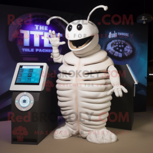 White Trilobite mascot costume character dressed with a Tank Top and Digital watches