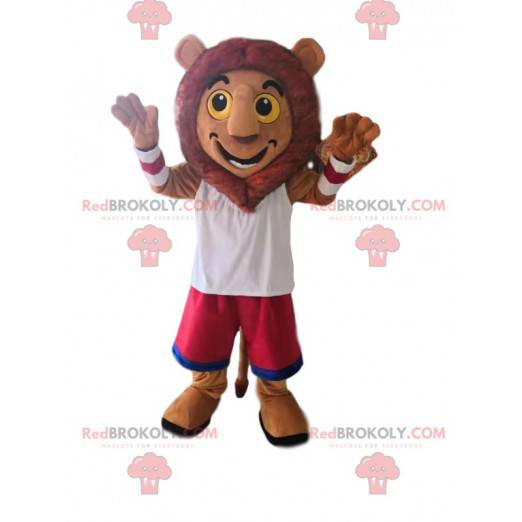 Mascote leão muito feliz com shorts fúcsia - Redbrokoly.com